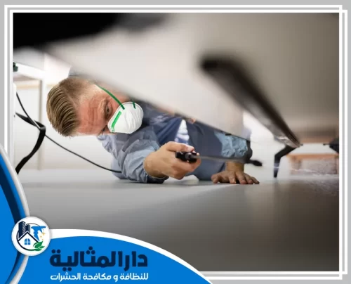 فني رش مبيدات حشرية بالقطيف 0598198483 مؤسسة دار المثالية فني رش مبيدات حشرية بالقطيف يرتدي كمامة واقية ويرش المبيد أسفل الأثاث.
